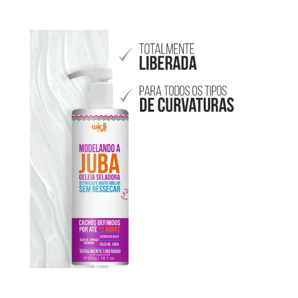 Geleia Seladora Widi Care Modelando a Juba 300ml sobre fundo branco com textura de gel