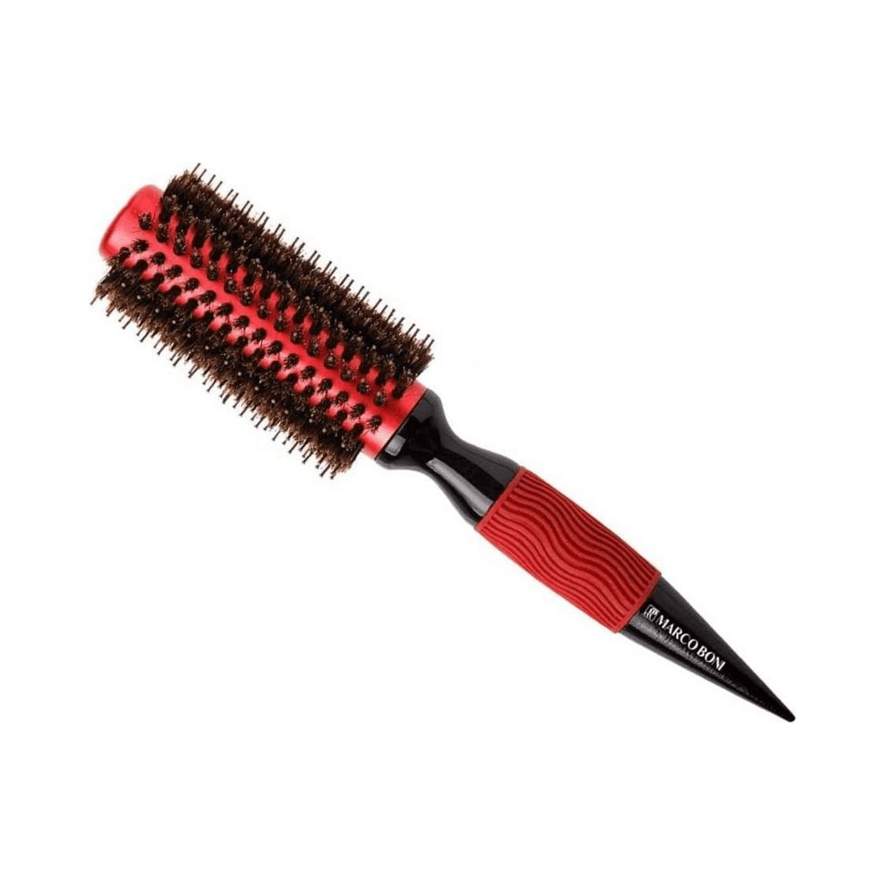 Escova de cabelo térmica média Marco Boni em ângulo, destacando cerdas e grip emborrachado