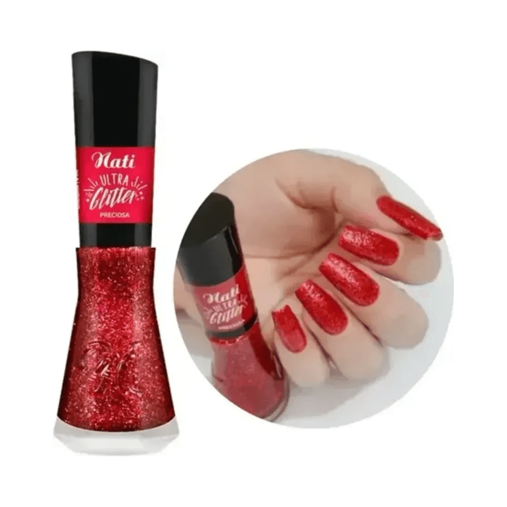 Aplicação do Esmalte Nati Ultraglitter Preciosa mostrando cobertura e textura glitter