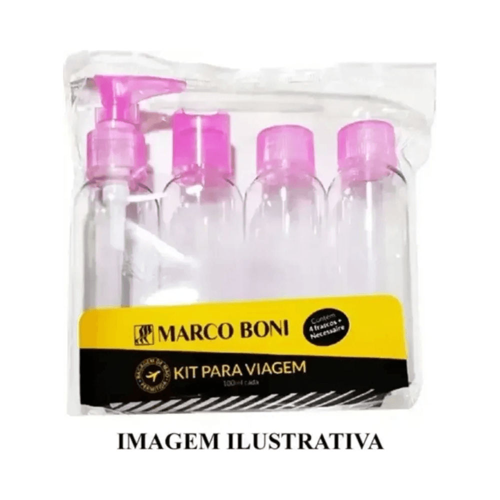 Kit Viagem Marco Boni com nécessaire transparente e frascos alinhados