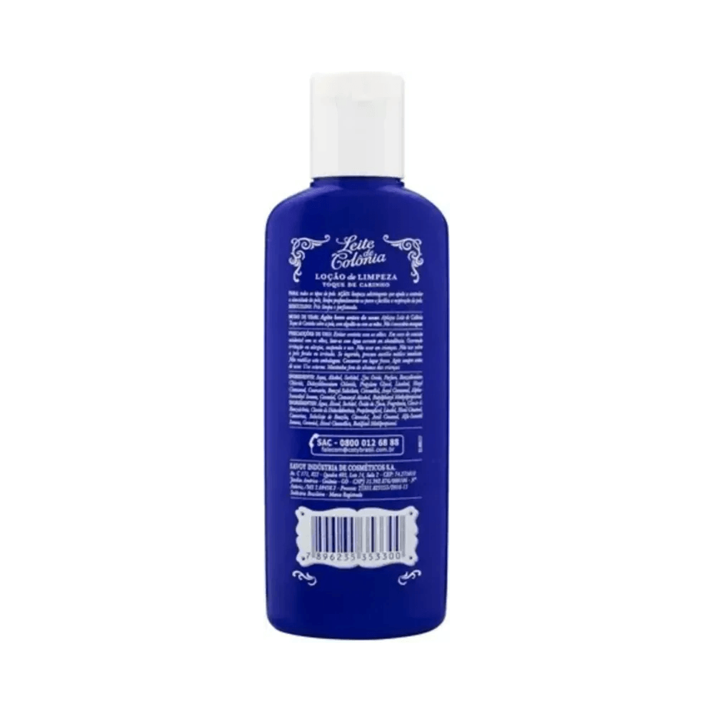 Verso do frasco com instruções e ingredientes do Leite de Colônia Toque de Carinho 100ml