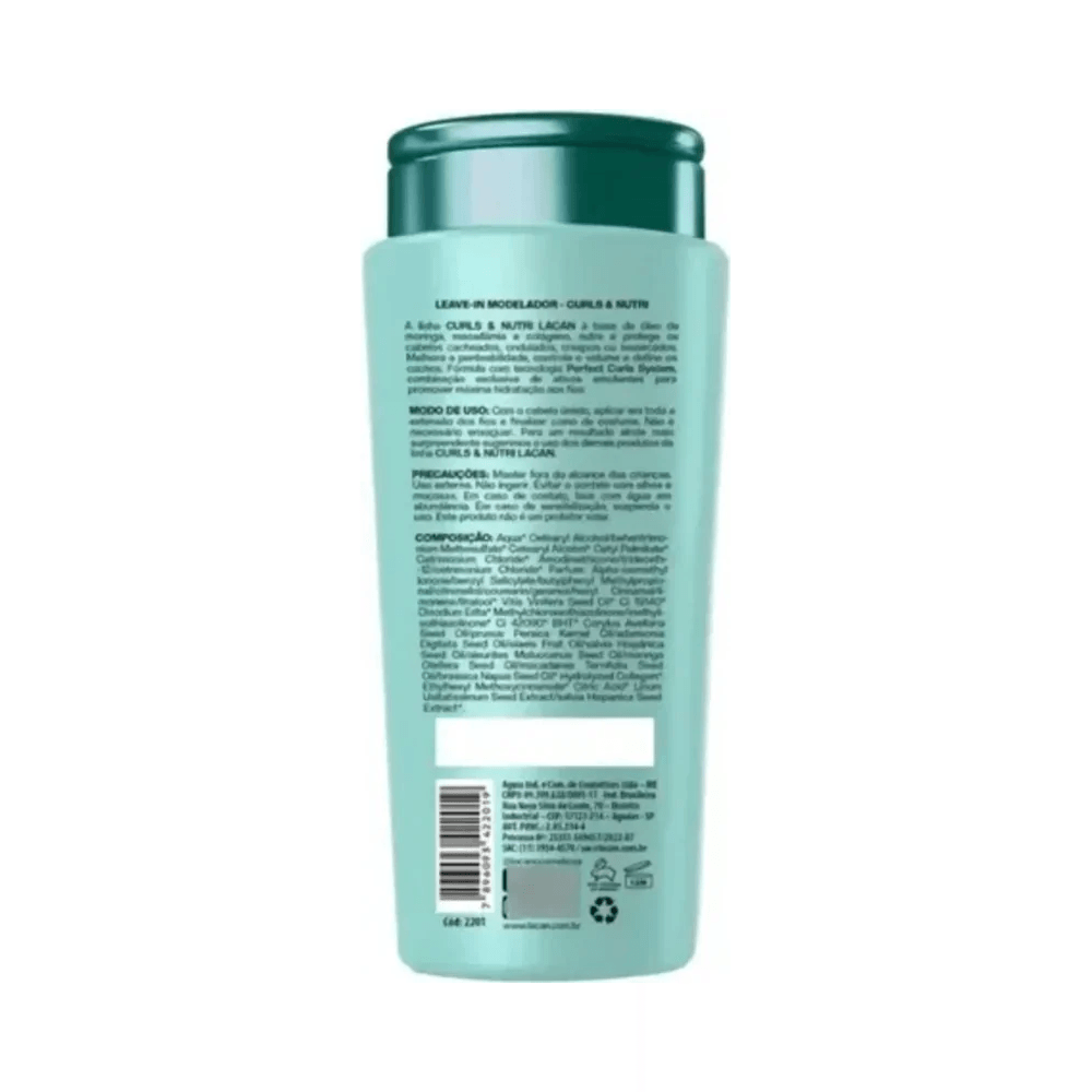 Verso do frasco Lacan Curls & Nutri 300ml com modo de uso e composição