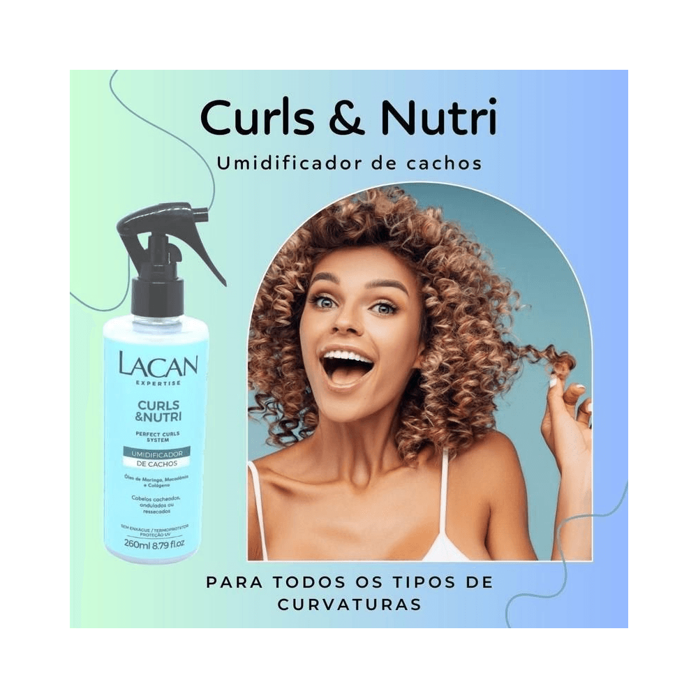 Produto Lacan Curls e Nutri com modelo de cabelos cacheados