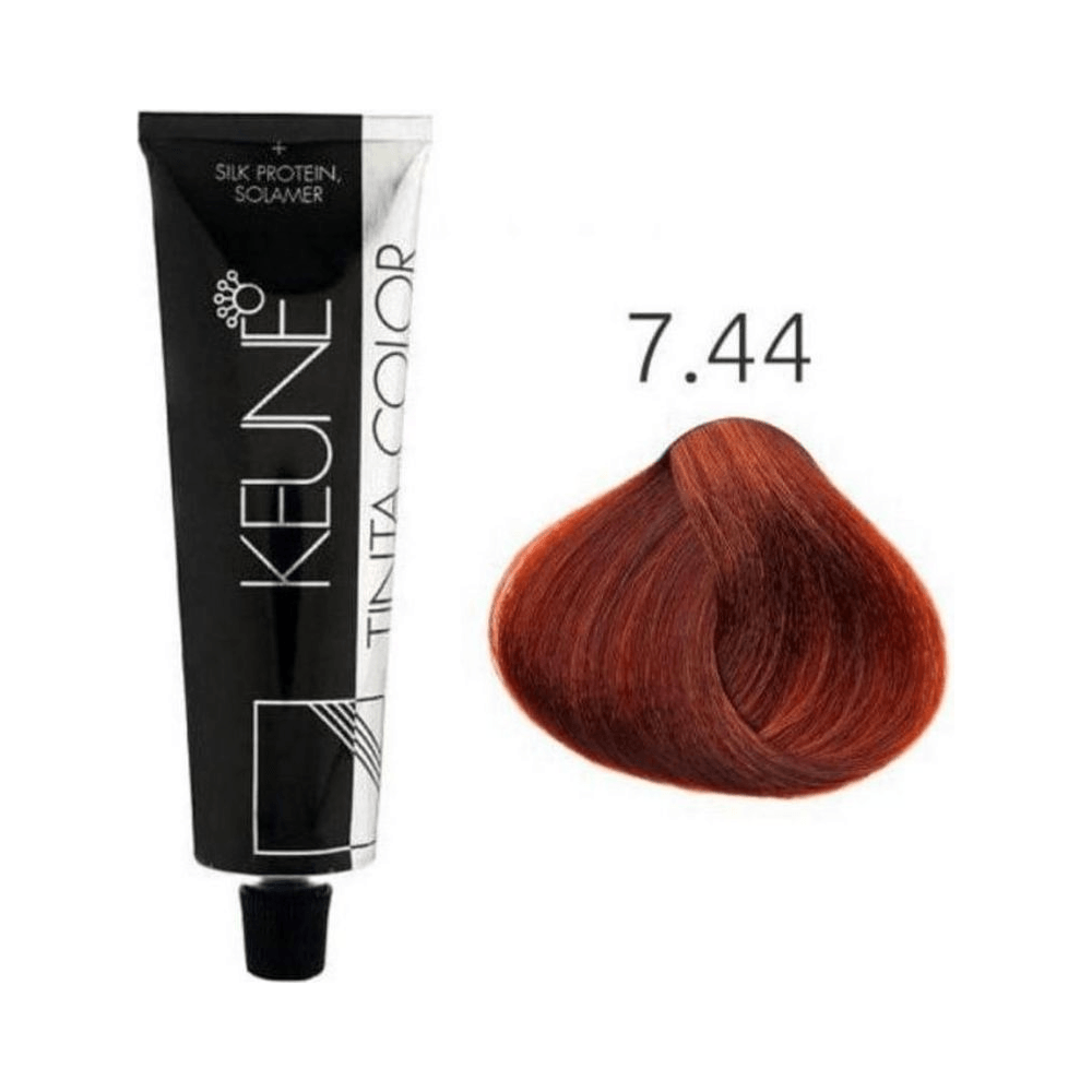 Tubo Keune Tinta Color 7.44 com mecha demonstrativa na tonalidade louro médio cobre