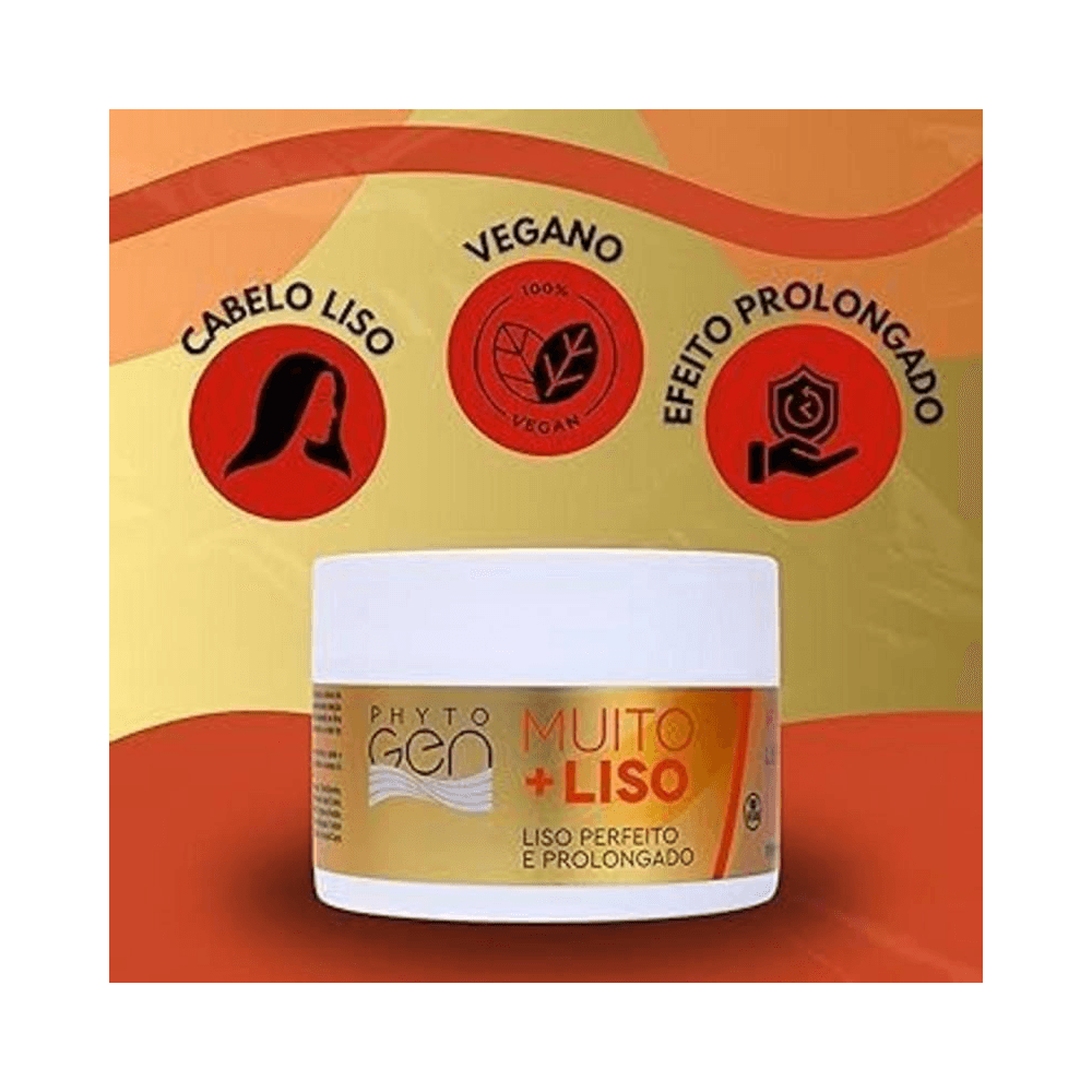 Composição Phytogen Muito + Liso com ícones: cabelo liso, vegano, efeito prolongado