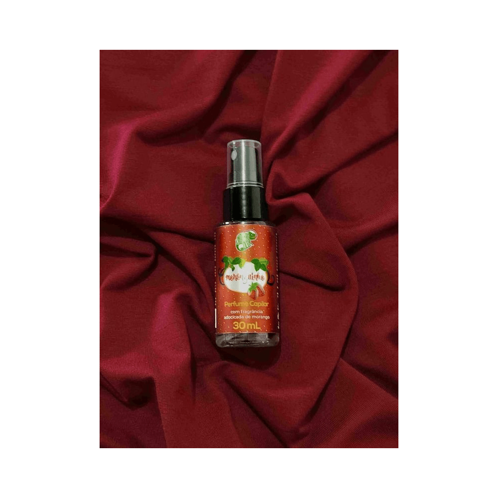 Perfume Capilar Kamaleão Moranguinho 30ml em cenário vinho - vista superior