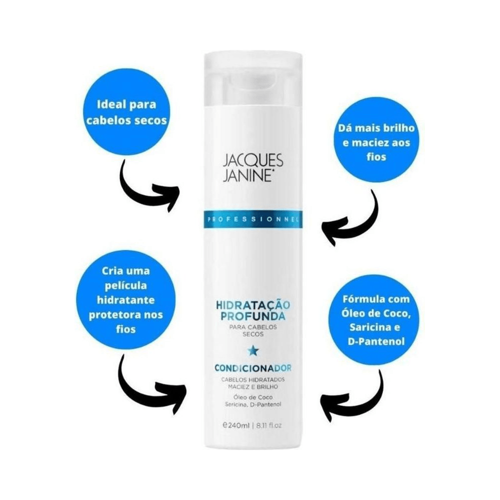 Condicionador Jacques Janine 240ml com destaque para benefícios em balões azuis