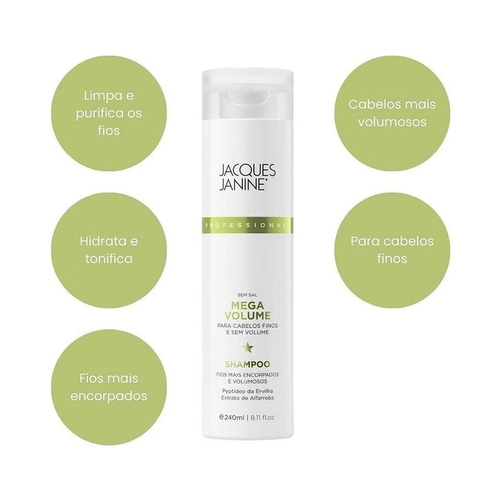 Shampoo Jacques Janine 240ml com ícones de benefícios ao redor