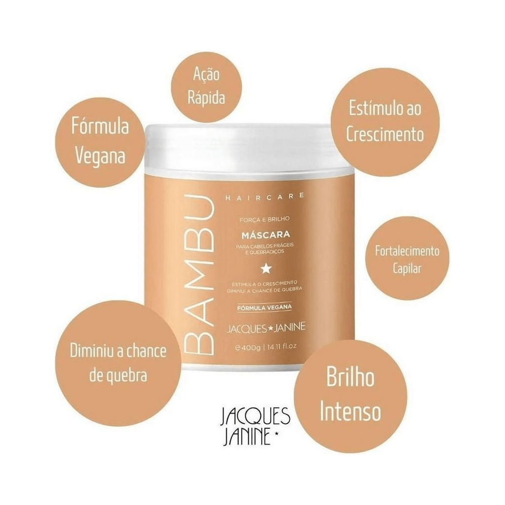 Composição frontal do pote Jacques Janine Bambu 400g com destaques de benefícios