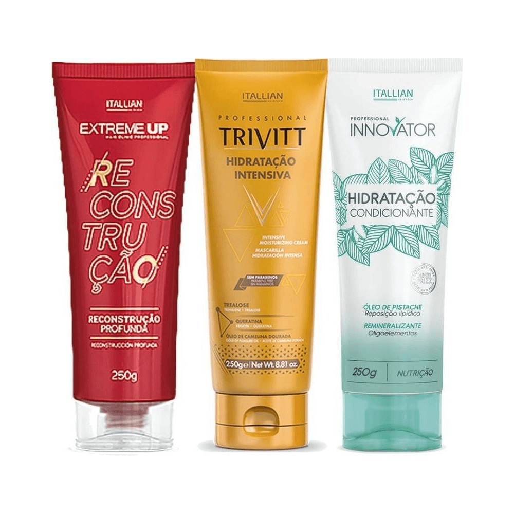 Três bisnagas do kit Itallian Hairtech alinhadas: Reconstrução, Hidratação e Nutrição