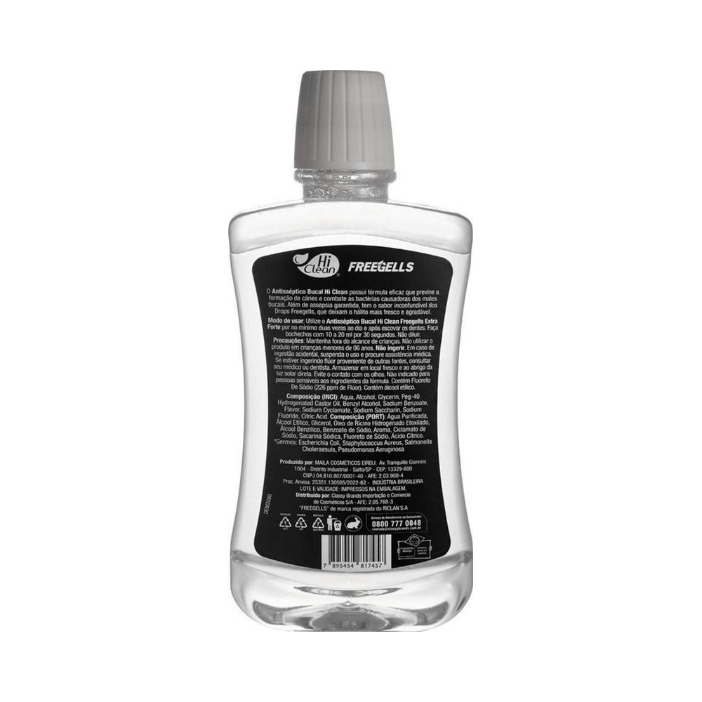 Verso do frasco Hi Clean Freegells mostrando rótulo e instruções