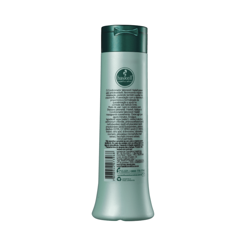 Verso do frasco do Condicionador Haskell Jaborandi 300ml com instruções e ingredientes