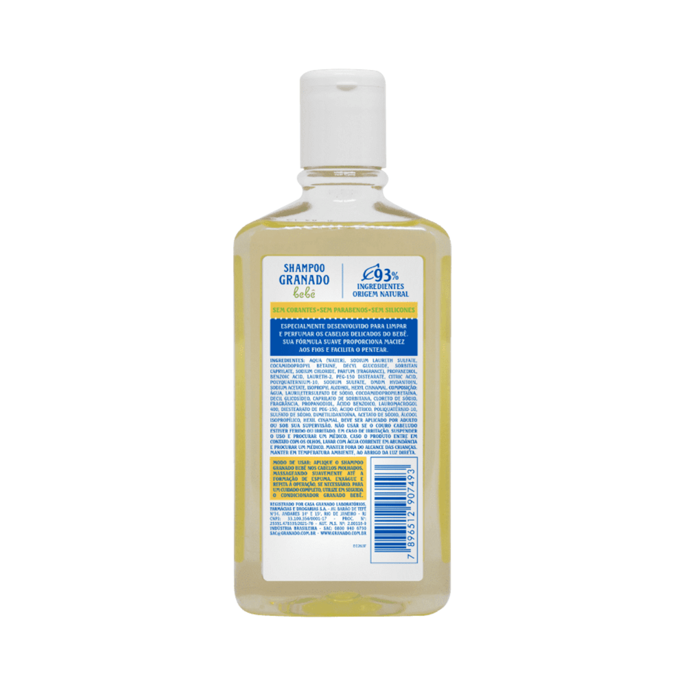 Verso do frasco do Shampoo Granado Baby com informações e composição