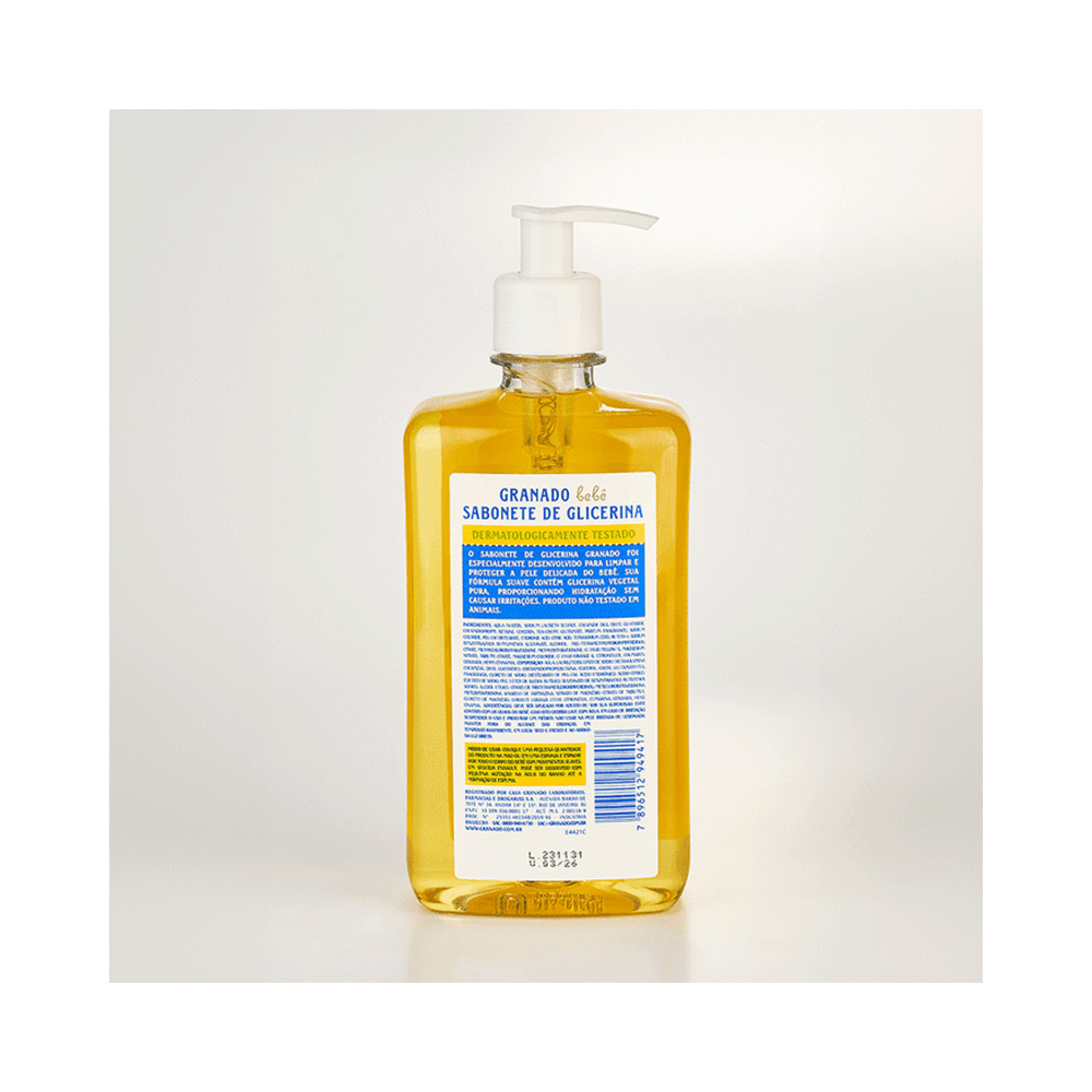 Verso do frasco Sabonete Líquido Granado Bebê Tradicional 500ml com informações