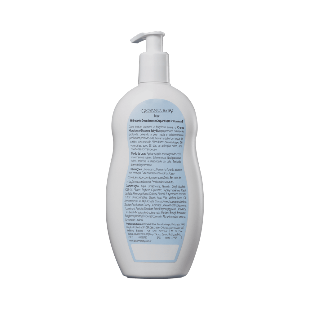 Verso do frasco Hidratante Giovanna Baby Q10 Blue mostrando rótulo e ingredientes