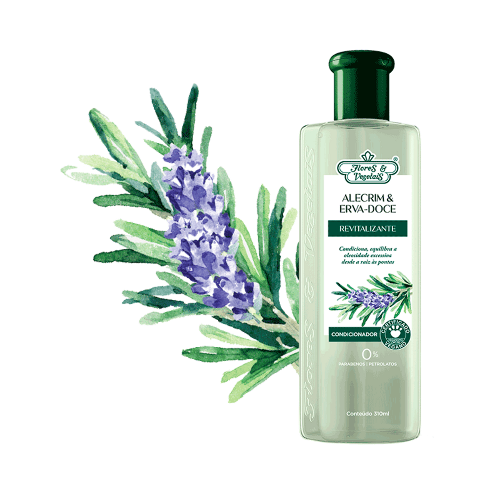 Condicionador Flores & Vegetais Alecrim - visual promocional com ilustração de alecrim