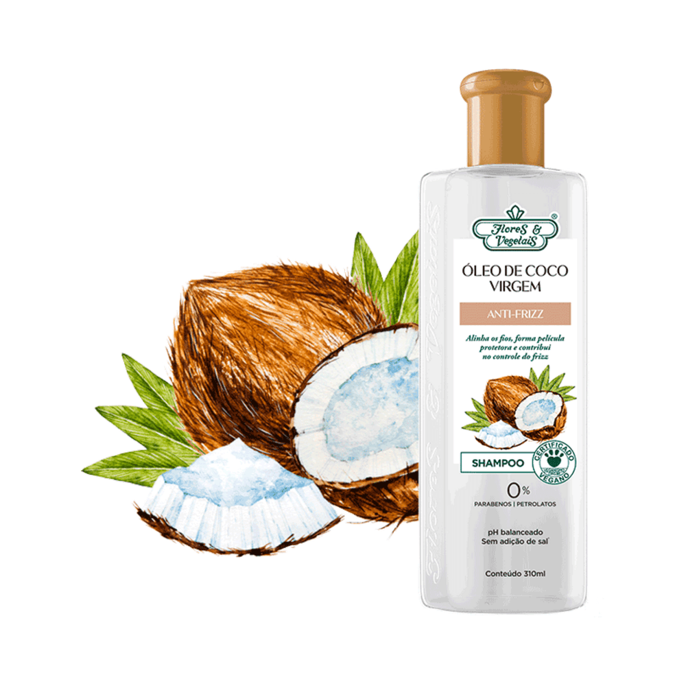 Shampoo Flores & Vegetais com ilustração de coco cortado e folhas — embalagem 310ml