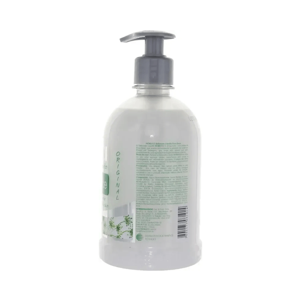 Verso do frasco pump de Sabonete Líquido Fiorucci Erva Doce 500 ml - ingredientes e instruções