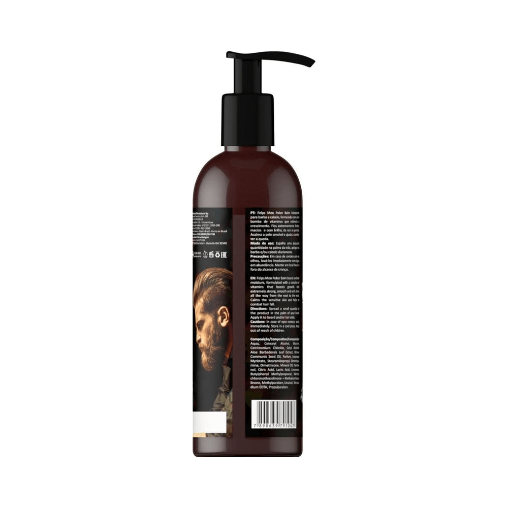 Verso do frasco mostrando instruções, ingredientes e uso em cabelo e barba