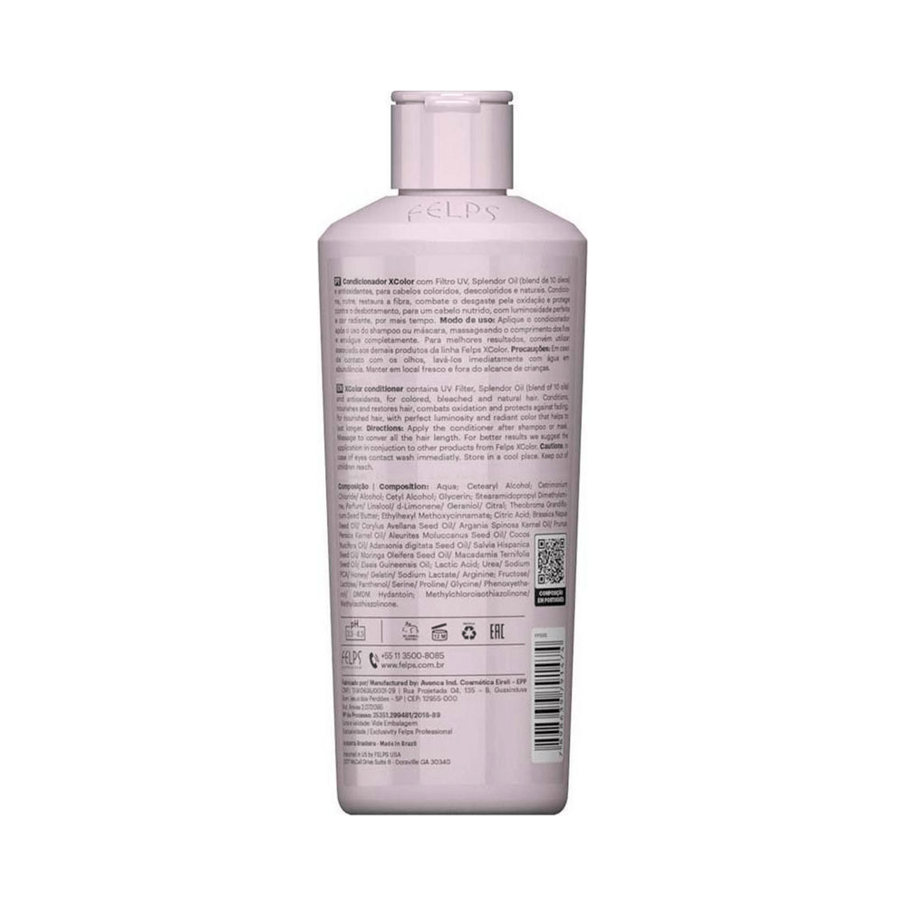 Verso da embalagem do Condicionador Felps XColor Protector 250ml com instruções e composição.