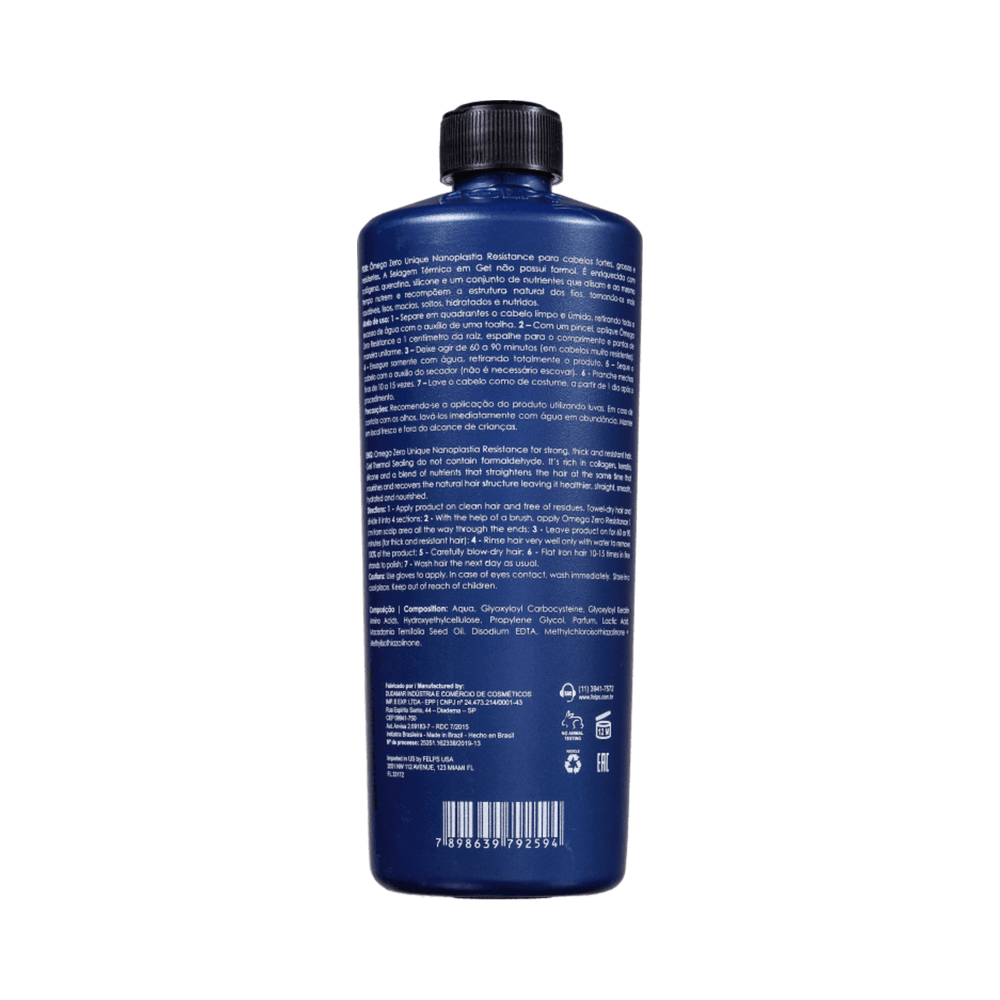 Verso do frasco Felps Omega Zero Nanoplastia 500ml com informações técnicas