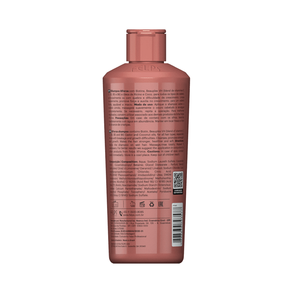 Verso do frasco do Shampoo Felps XForce mostrando ingredientes e instruções