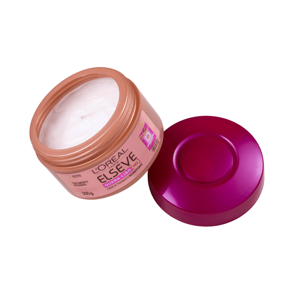 Creme de Tratamento Elseve Quera Liso L'Oréal Paris 300 g - pote aberto mostrando textura