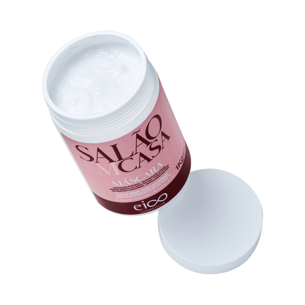 Pote aberto da Máscara Eico Salão Em Casa 1kg mostrando textura cremosa branca