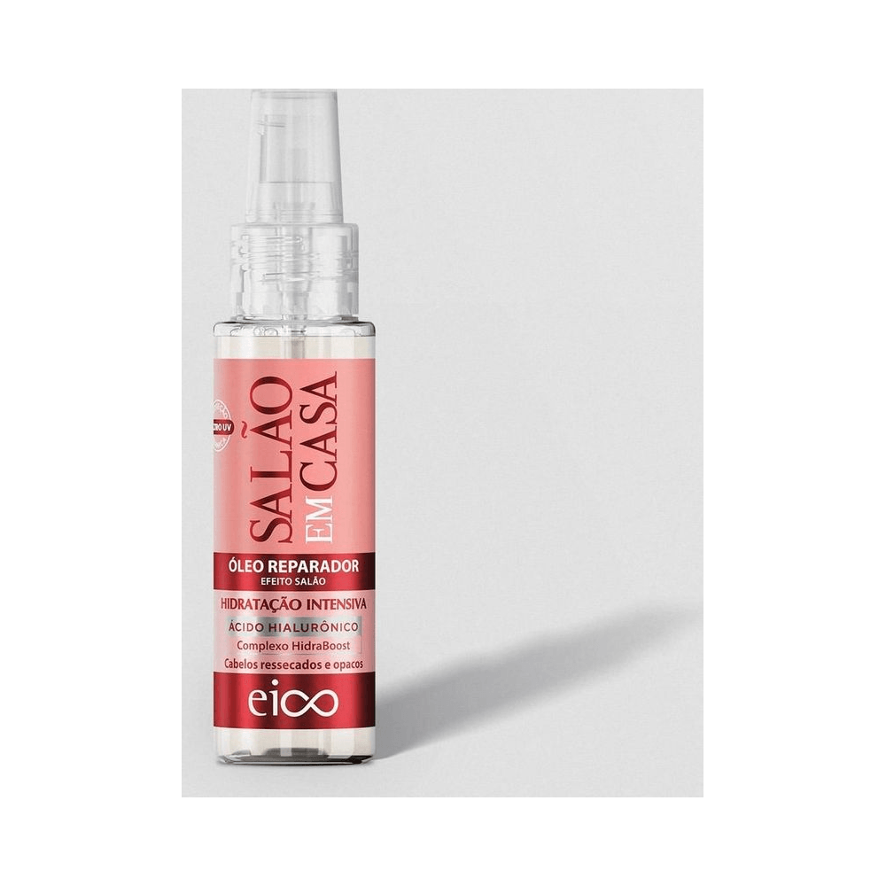 Óleo Reparador Eico 60ml - vista frontal, rótulo rosa e spray aplicador