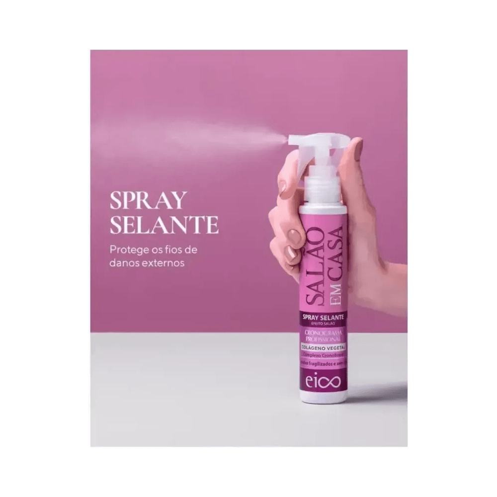Mão segurando Spray Selante Eico com borrifo visível - proteção aos fios