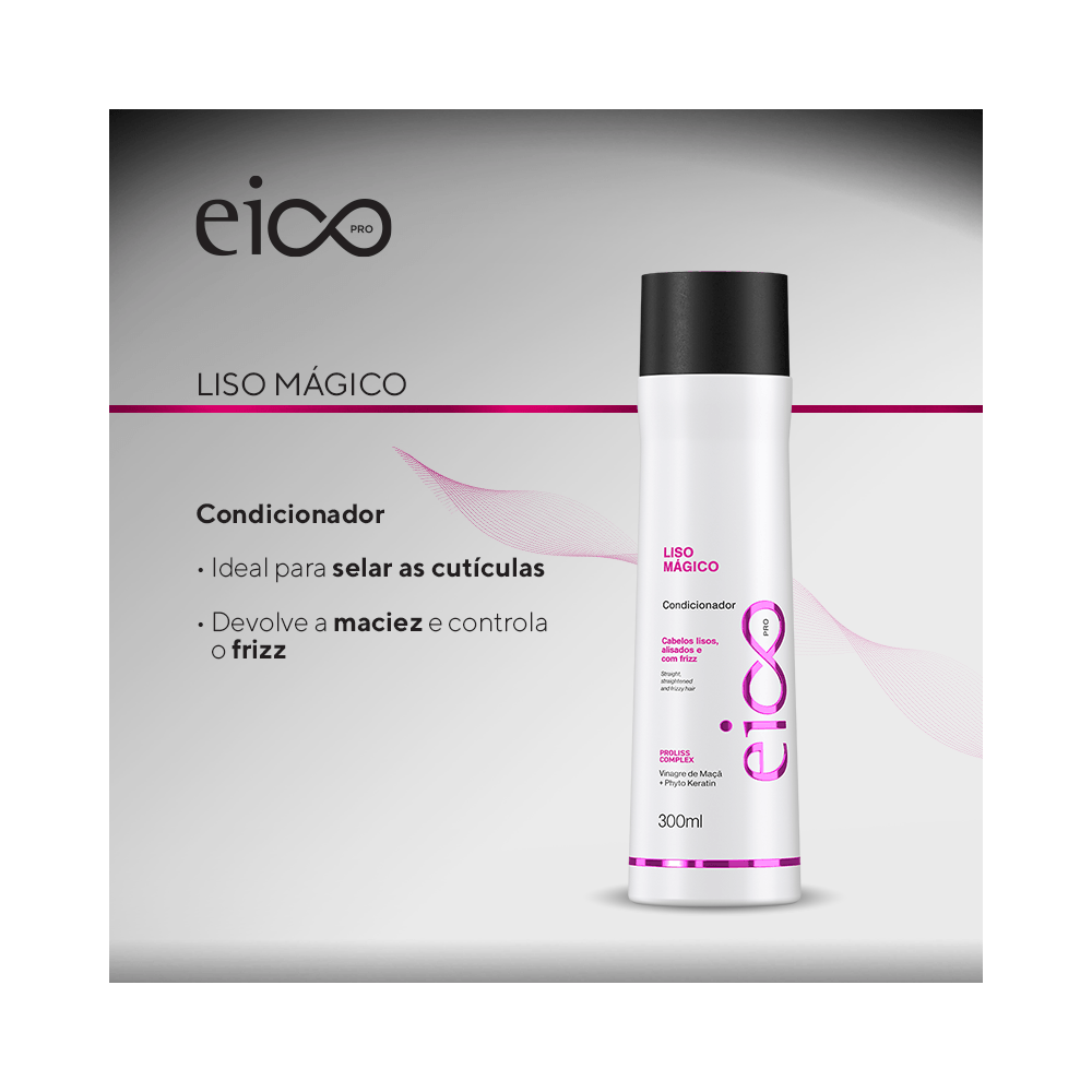 Imagem promocional do Condicionador Eico Liso Mágico 300ml em fundo degradê
