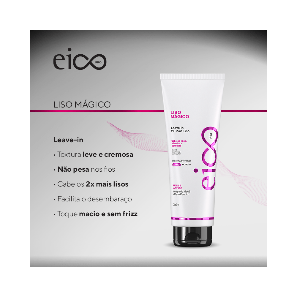 Arte promocional Leave-in Eico Liso Mágico 200ml - destaque benefícios