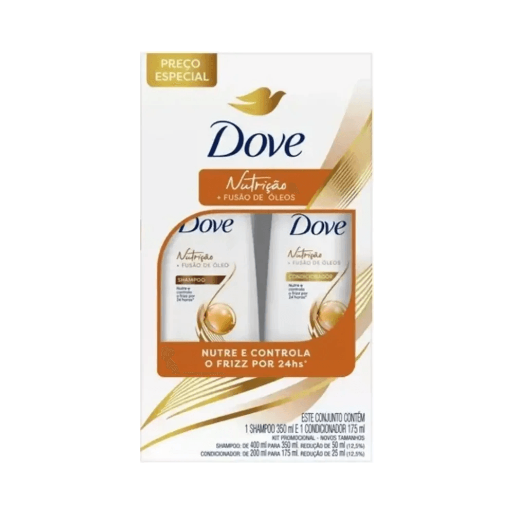 Frascos Dove Nutrição + Fusão de Óleos visual do kit com destaque ao selo de benefício