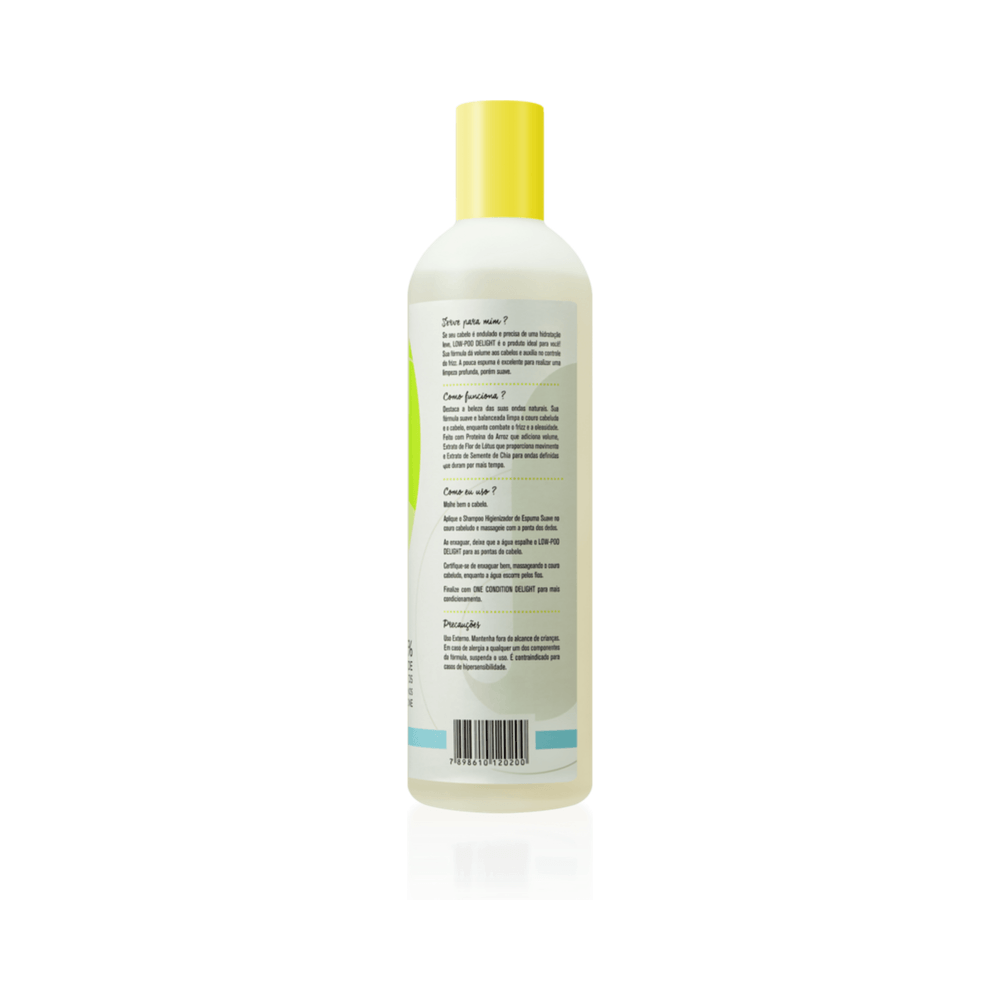 Vista traseira do frasco DevaCurl Low-Poo Delight 355 ml com instruções