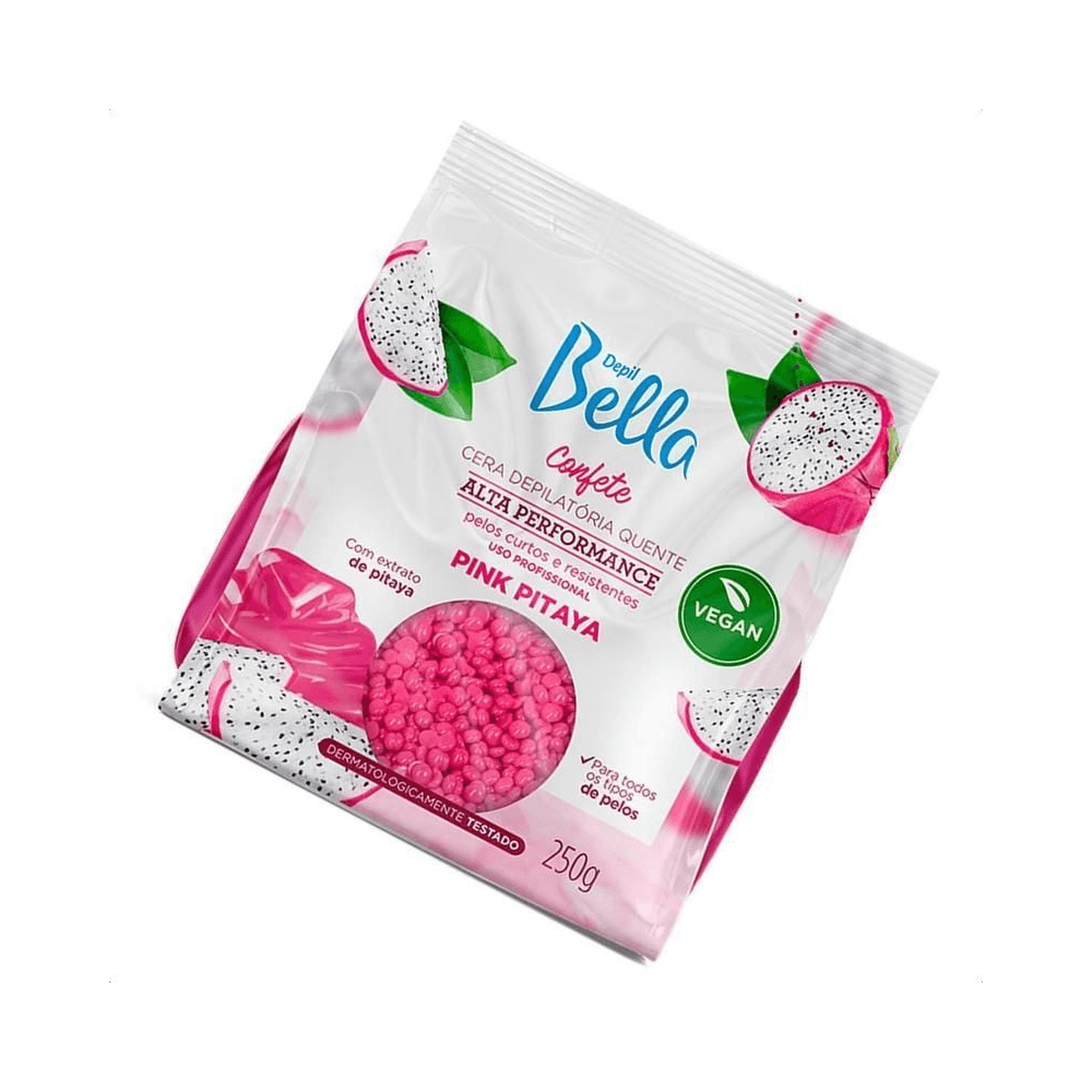 Sachê inclinado Cera Depil Bella Confete Pink Pitaya 250g com pellets rosa