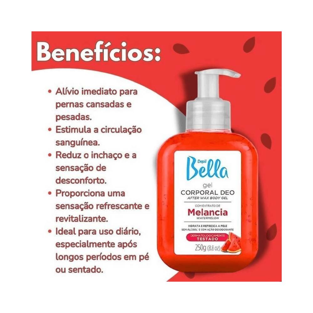 Gel Depilbella Melancia 250g com painel de benefícios