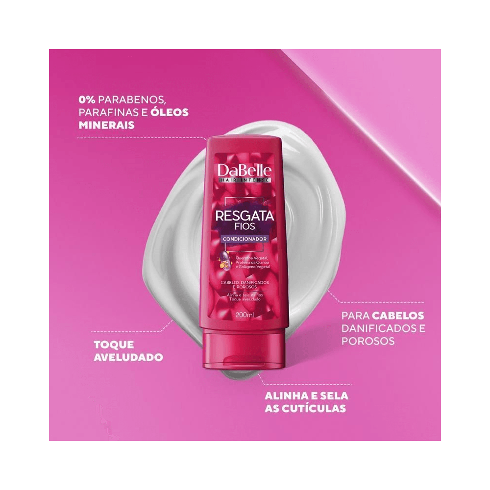Frasco do condicionador sobre textura cremosa, destaque 0% parabenos