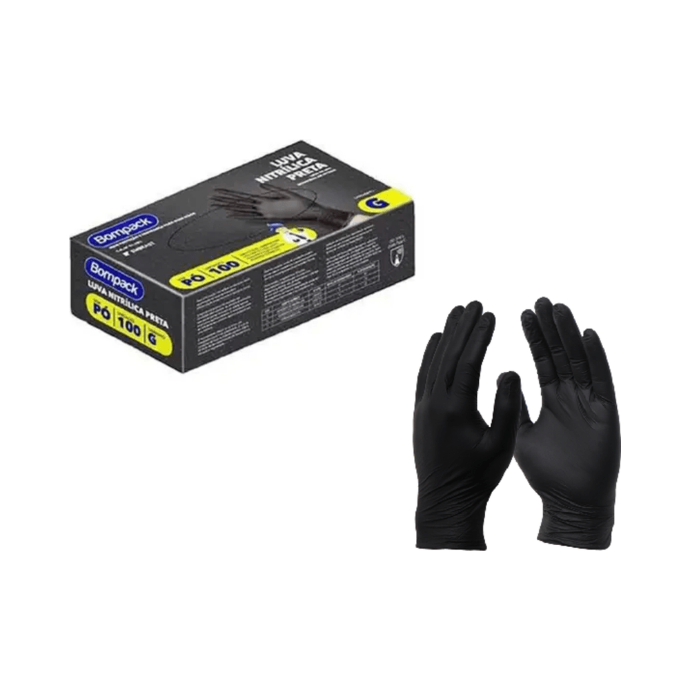 Caixa Bompack e par de luvas pretas exibindo o produto