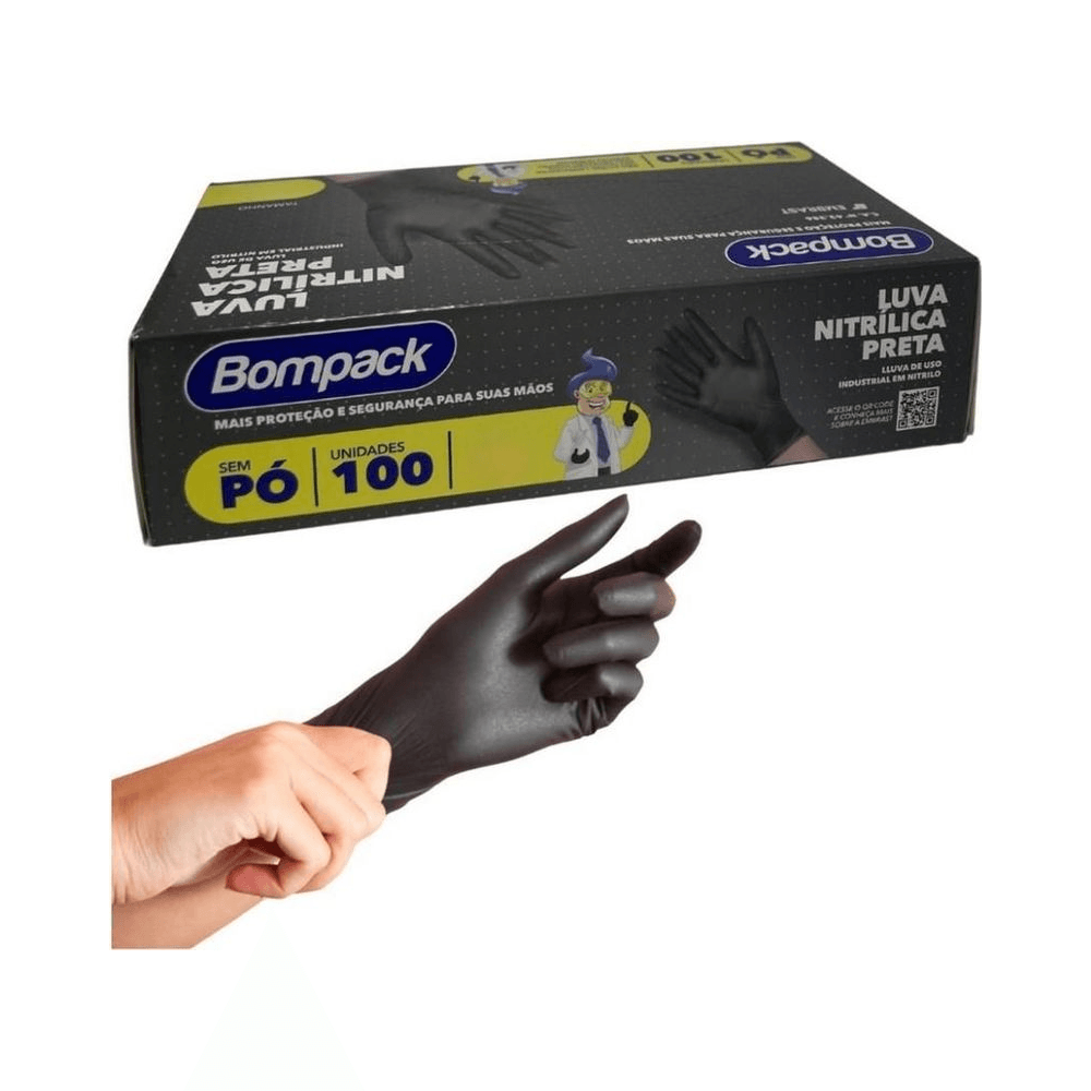 Mão ajustando luva preta Bompack, mostrando textura e ajuste anatômico