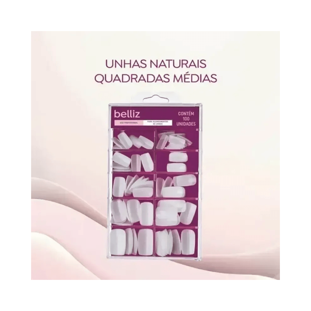 Unhas naturais quadradas médias Belliz em embalagem transparente