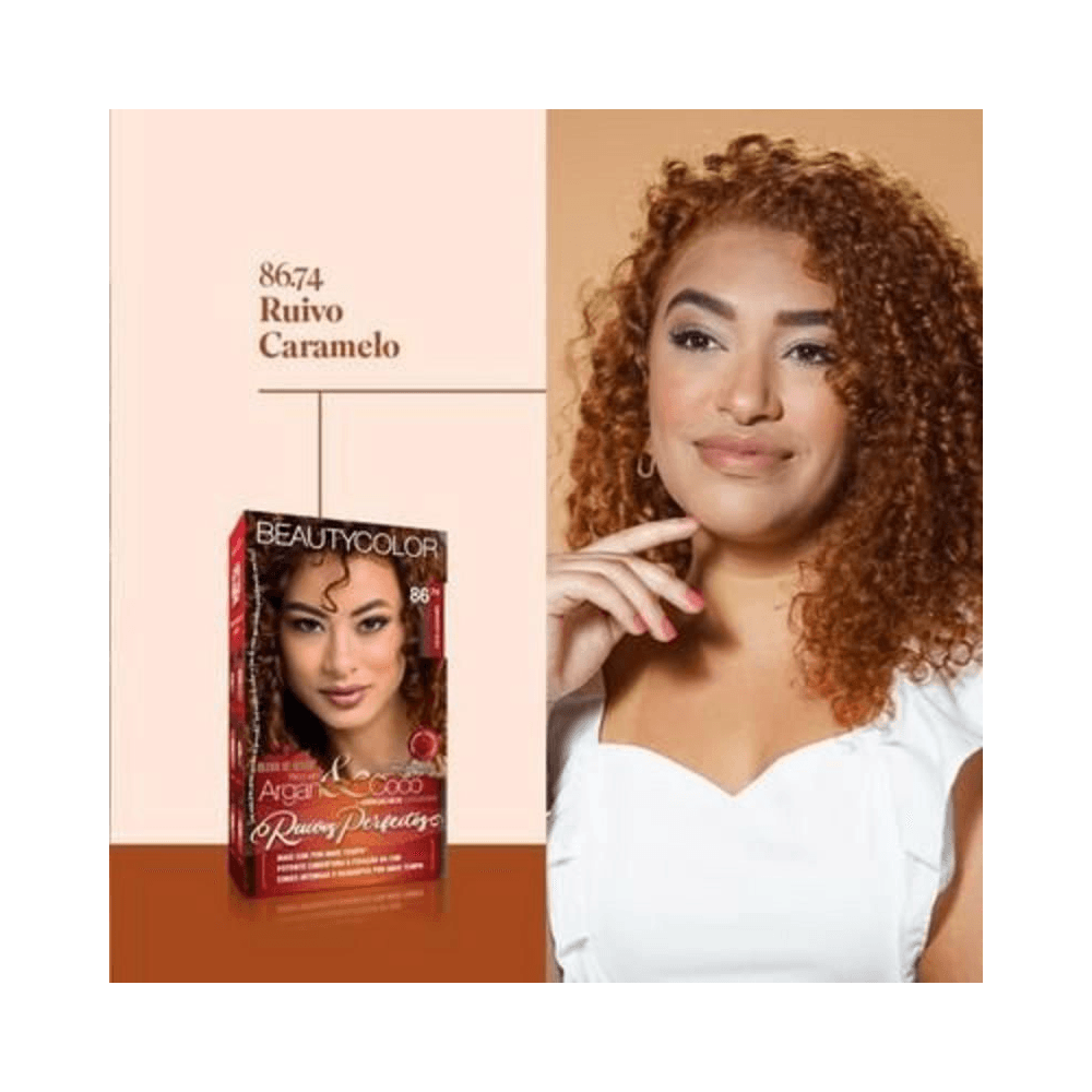 Resultado da cor Ruivo Caramelo aplicado em modelo, caixa do produto ao lado