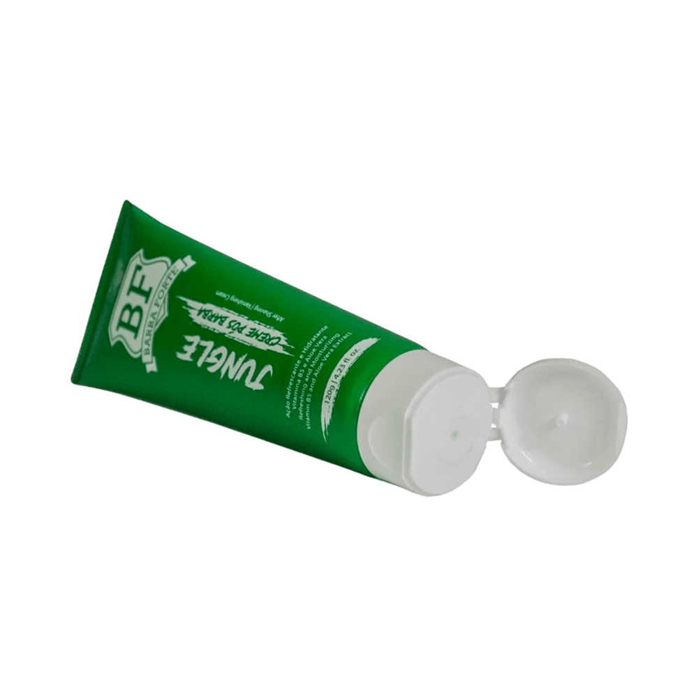 Bisnaga inclinada com tampa flip-top aberta mostrando o bocal do creme pós-barba