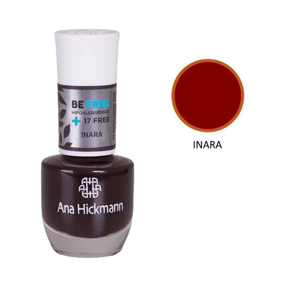 Esmalte Ana Hickmann Be Free Inara com amostra de cor circular, destaque para o rótulo +17 free