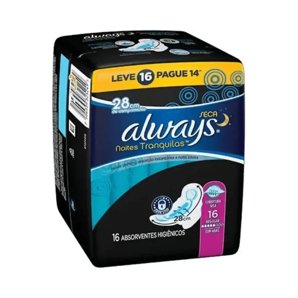 Embalagem ângulo frontal Absorvente Always Noites Tranquilas 28 cm 16 unidades