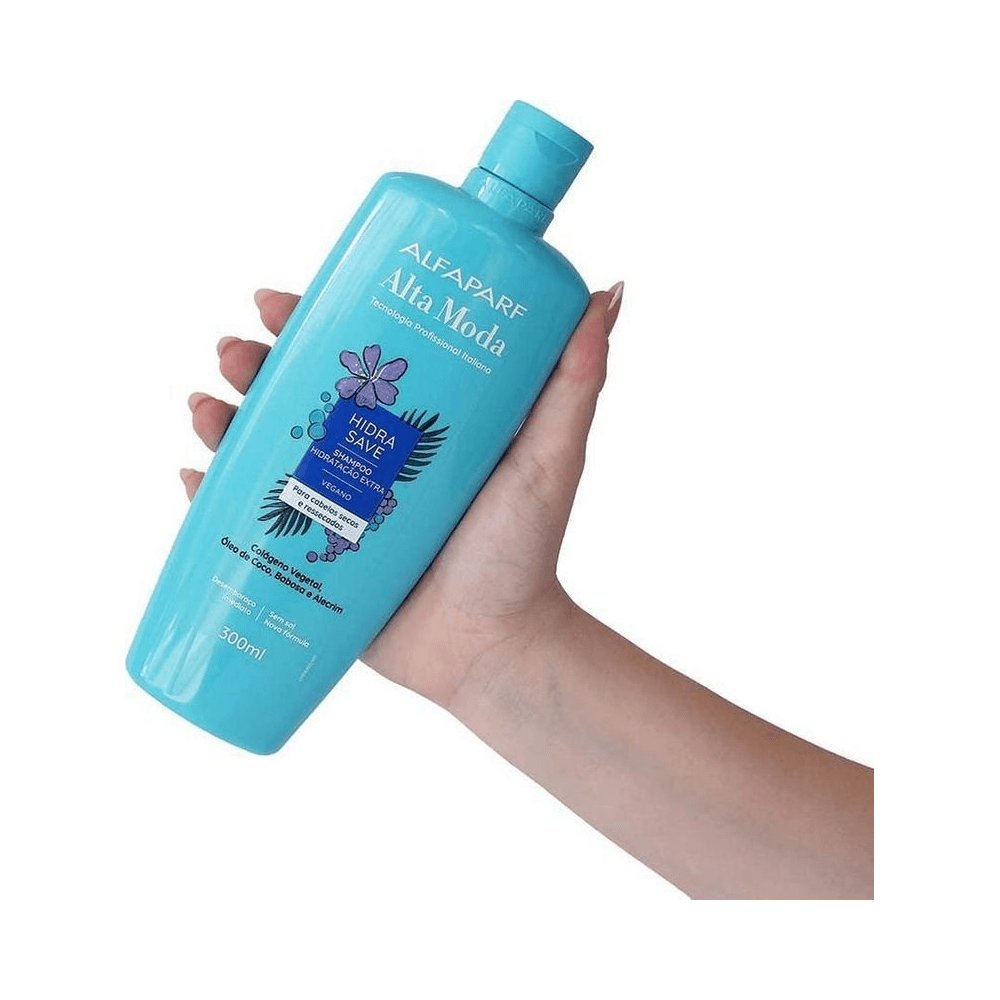 Shampoo Hidra Save 300ml segurado por mão feminina, embalagem prática