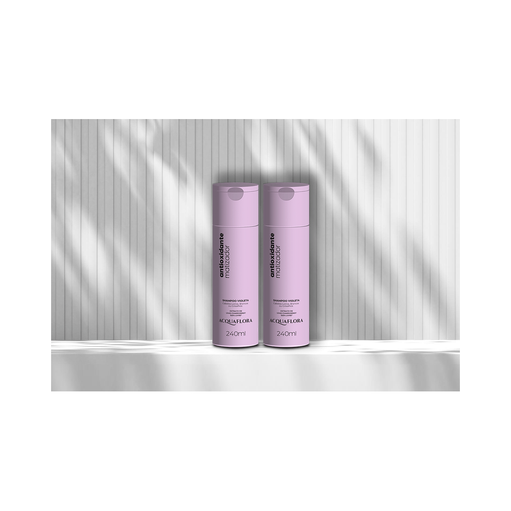 Duas unidades do Shampoo Acquaflora Antioxidante Matizador 240ml lado a lado