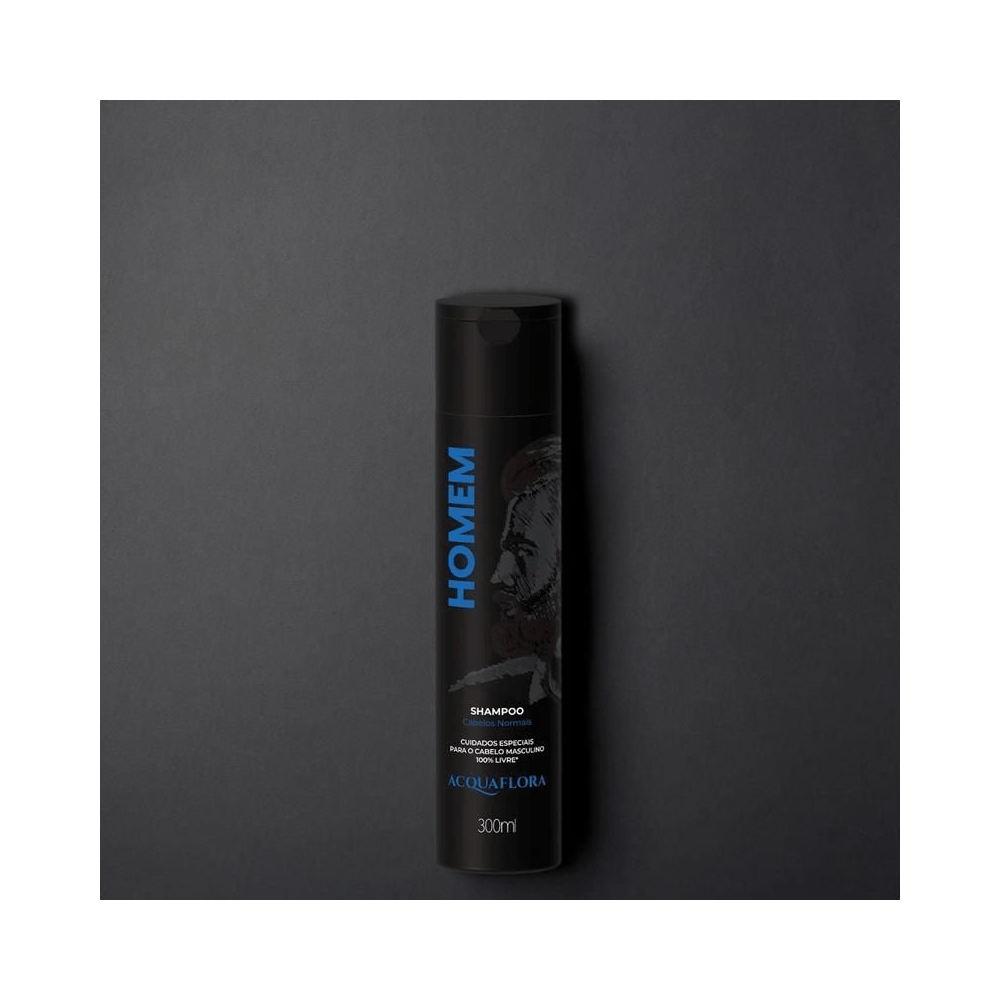 Frasco do Shampoo Acquaflora Homem sobre fundo escuro