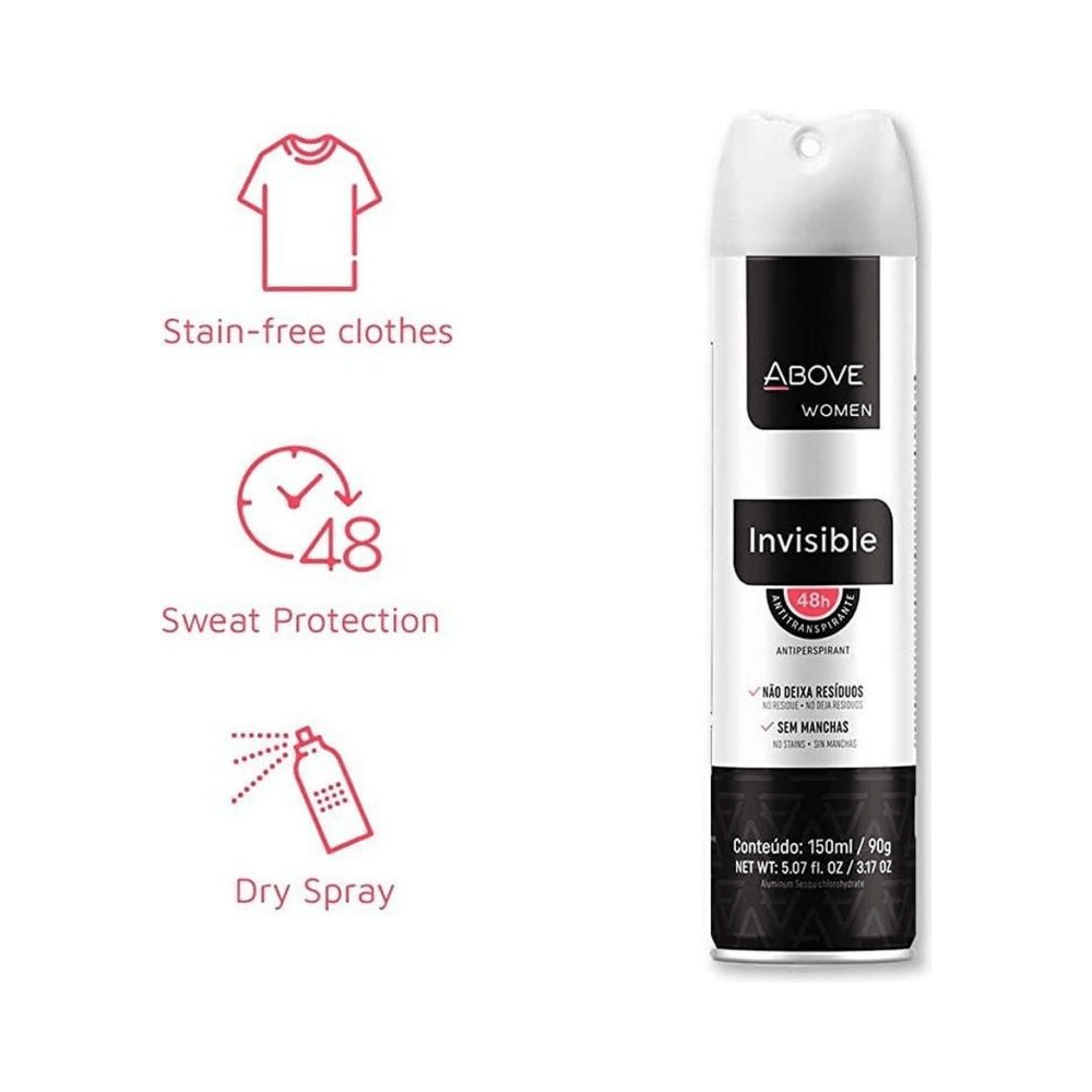 Desodorante Above Invisible 150ml - ícones de proteção 48h e sem manchas
