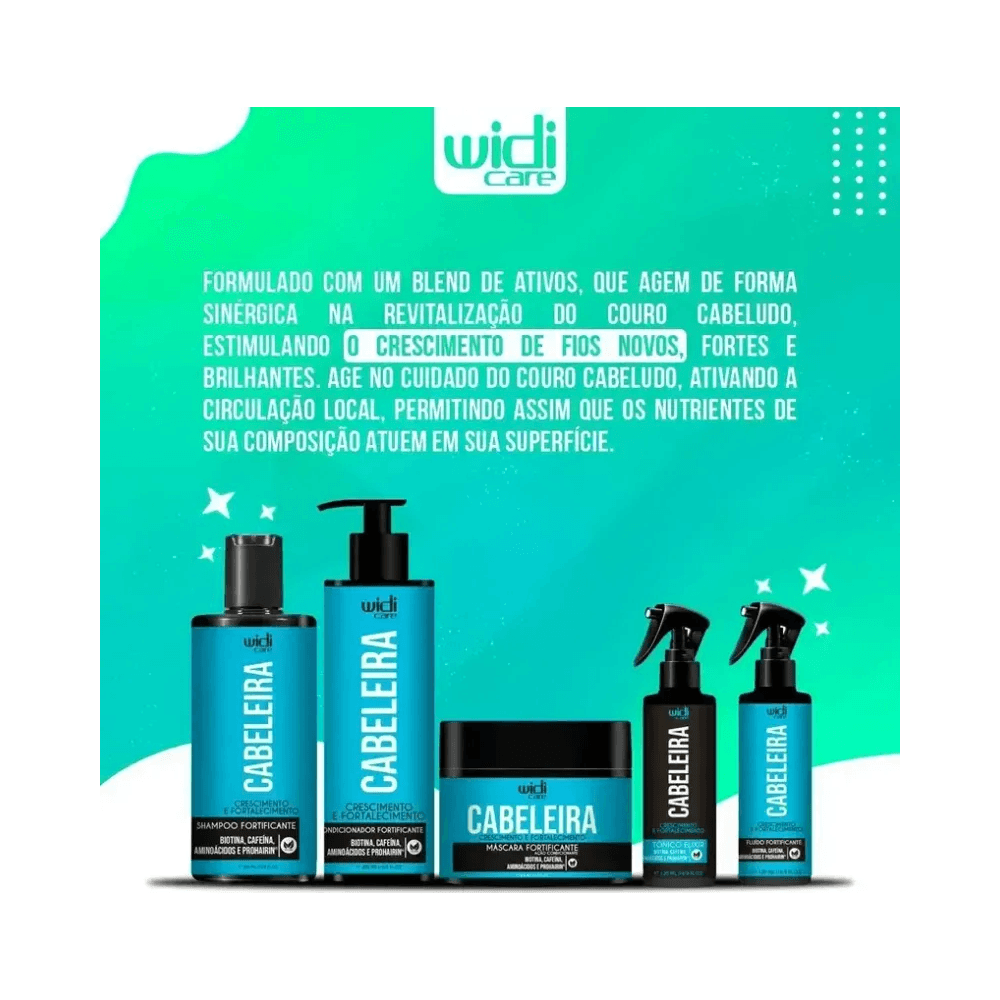 Imagem promocional do kit Widi Care com fundo degradê verde-azulado e display dos produtos