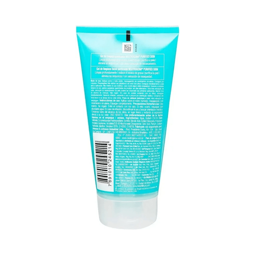 Verso do tubo do Gel de Limpeza Facial Neutrogena Purified Skin 150g - instruções e ingredientes